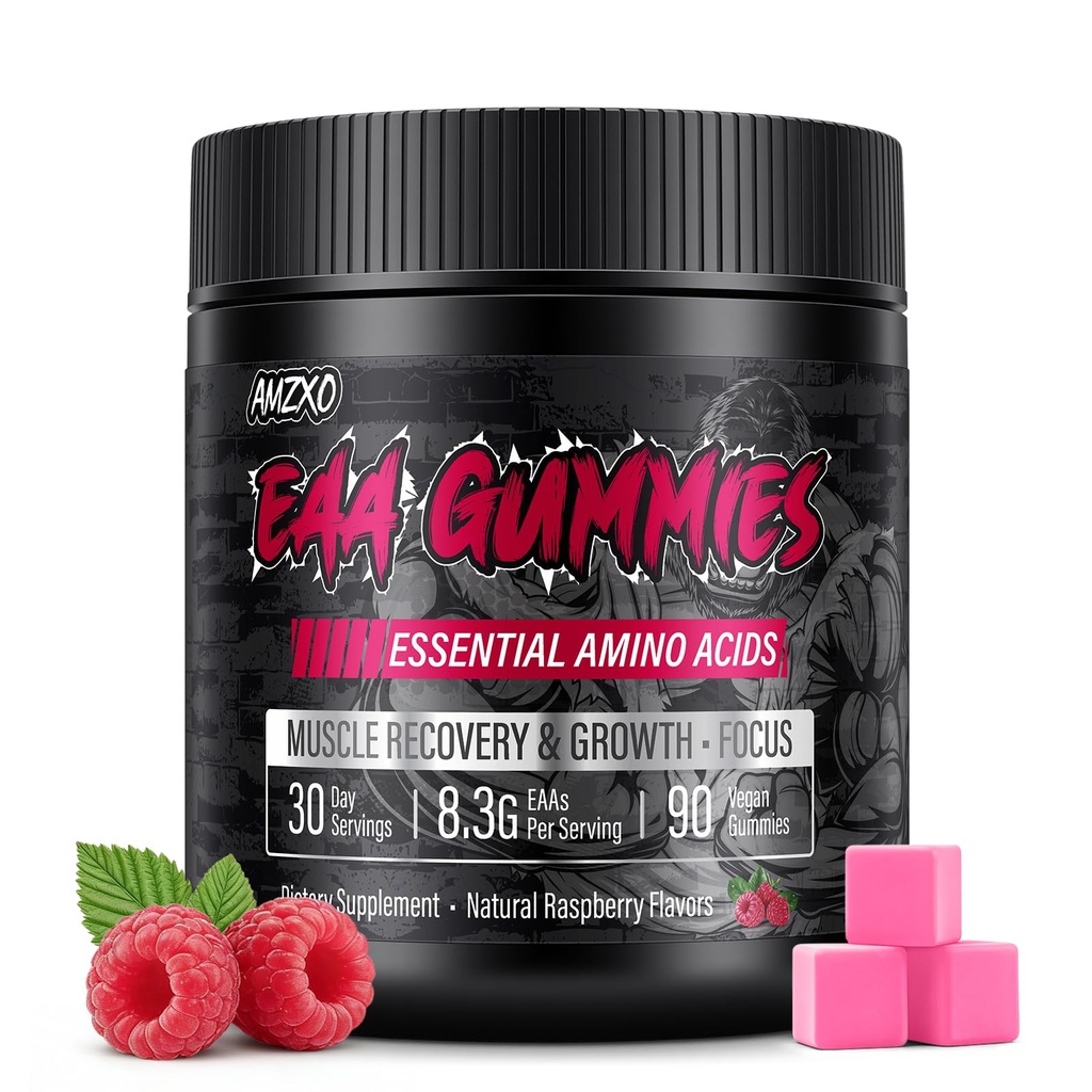 EAAグミー - 2:1 BCAAフォーミュラ(8300mg) - 筋肉回復と耐久性のためのエッセンシャルアミノ酸 - 非GMO、グルテンフリー、砂糖無料、ベジタリアン、ラズベリー味 - 90カウント