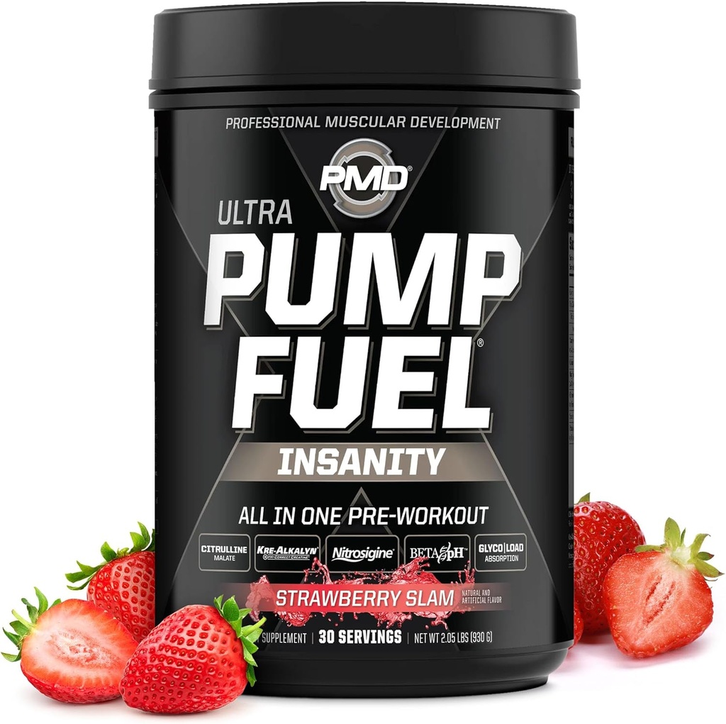 PMD Sports Pump Fuel Ultra Insanity - Premium Pre Workout Powder & Muscle Pump, Greater Focus, Endurance & Recovery, Premium Creatine, Arginine & Beta Alanine - Strawberry Slam (30 Servings)