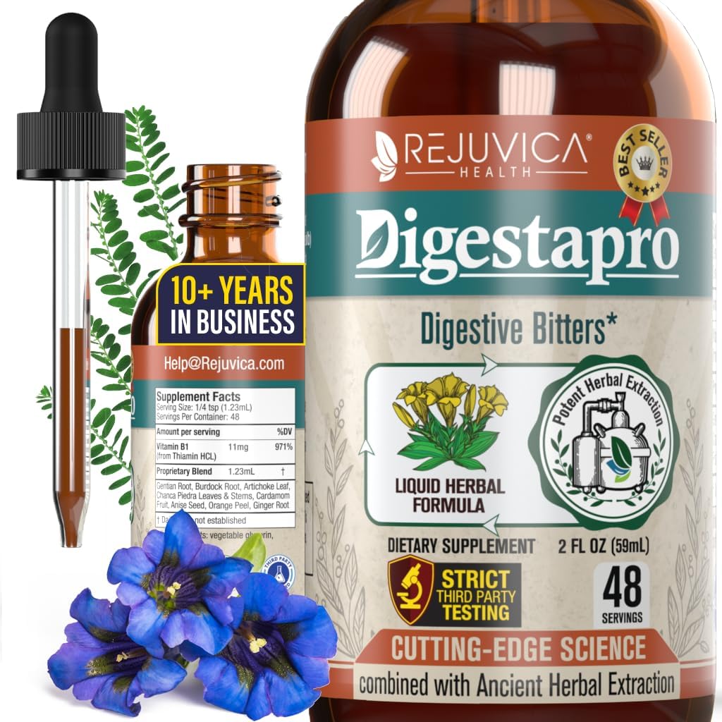 Rejuvica Health DigestaPro - 高度な消化器ビターサプリメント - より良い吸収のための液体配達 - Gentian、Artichoke、Burdock、Chanca Piedra、ジンジャー&その他!