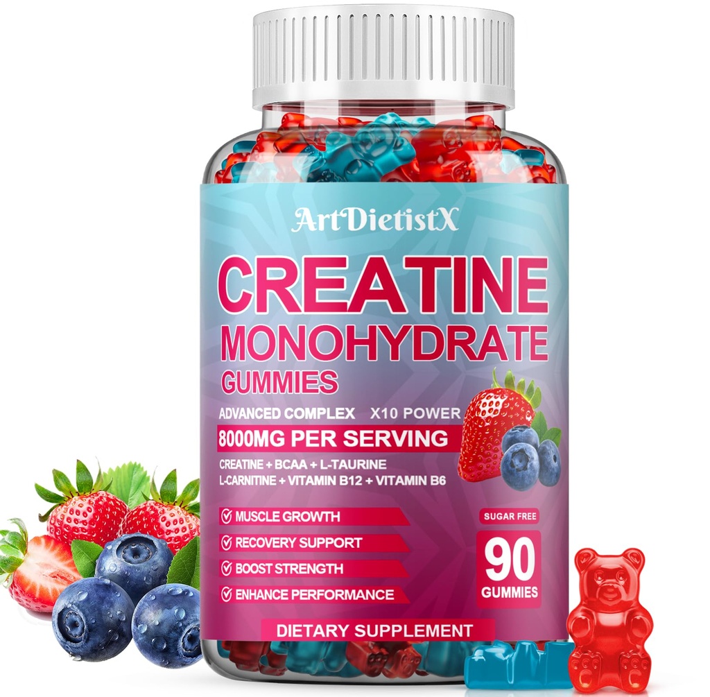 BCAA、L-カルニチン、タウリン及びビタミンB12のクレアチンの Monohydrate 8000mgのグミー-筋肉成長、強さ及びエネルギー、多層のChewableのグミ、人及び女性のための90の計算のためのプレワークアウトの補足