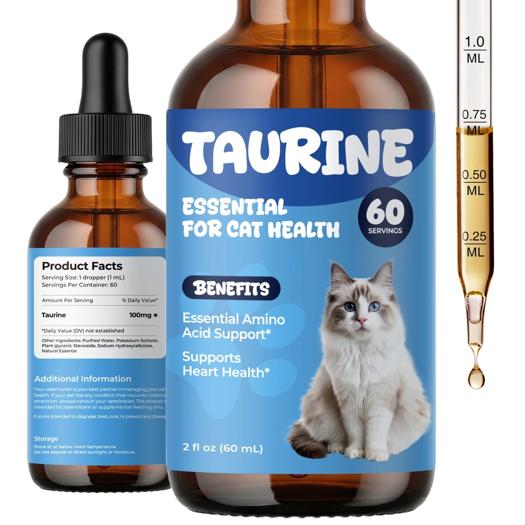 Taurine Supplement for Cats Drops - Daily Amino Acid Nutrition Liquid Drops for Heart & Vision Support, Easy Daily Taurine Supplement for Feline Diets, 60 ml