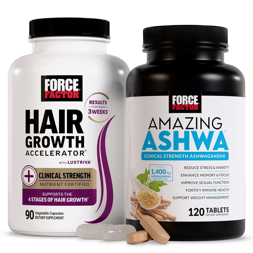 Force Factor Hair Growth Accelerator Capsules, Lustriva & Biotin to Promote Thicker, Stronger, Fuller Hair, 90ct + Amazing Ashwa Ashwagandha Supplement with KSM-66 Ashwagandha for Stress, 120 Tablets