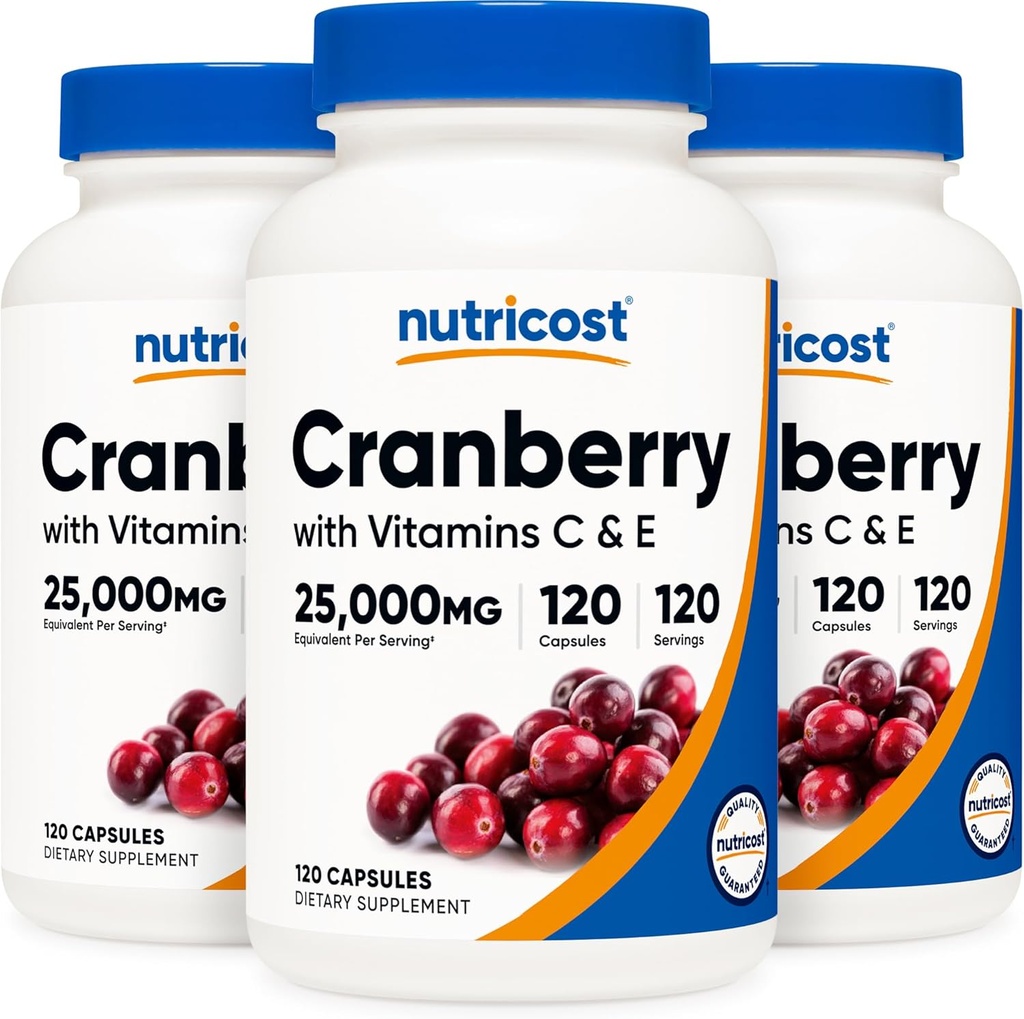Nutricostクランベリーエキス 25,000mg (120のサービング)ビタミンC及びEの3本のびん