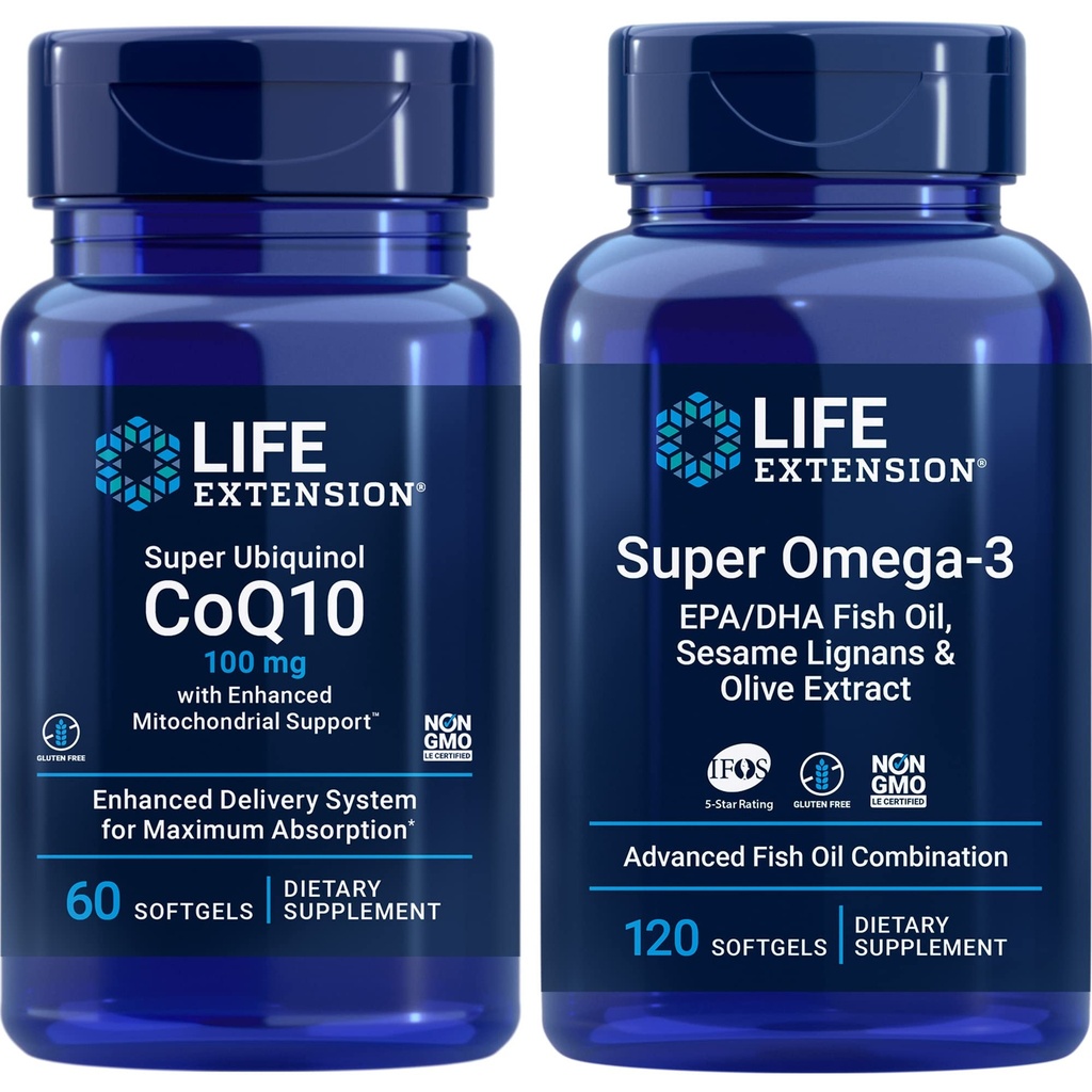 ライフエクステンションスーパーUbiquinol Coq10、100 Mg、60 Softgels | スーパーオメガ3 Epa/dhaフィッシュオイル、120 Softgels | ハート&脳の健康補助食品、炎症管理、アンチエイジングサポート