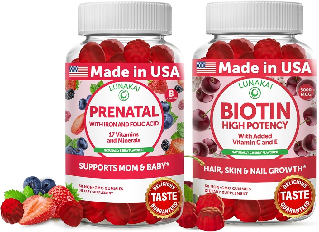 Lunakai PrenatalとBiotin Gummiesバンドル - 鉄と葉酸の妊娠マルチビタミンGummy - ビタミンCとE - 30日の供給と髪の皮膚と爪の成長サプリメント