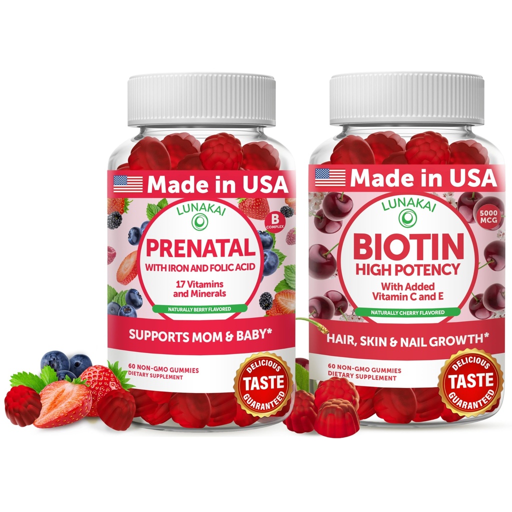 Lunakai PrenatalとBiotin Gummiesバンドル - 鉄と葉酸の妊娠マルチビタミンGummy - ビタミンCとE - 30日の供給と髪の皮膚と爪の成長サプリメント
