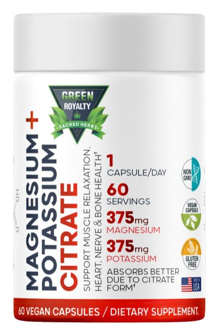 マグネシウムのクエン酸塩+カリウム60の優れたビーガンカプセル(Citrate 375 mg)+ (375mgのカリウム)非GMOのグルテンフリー-米国で作られた高い吸収の補足