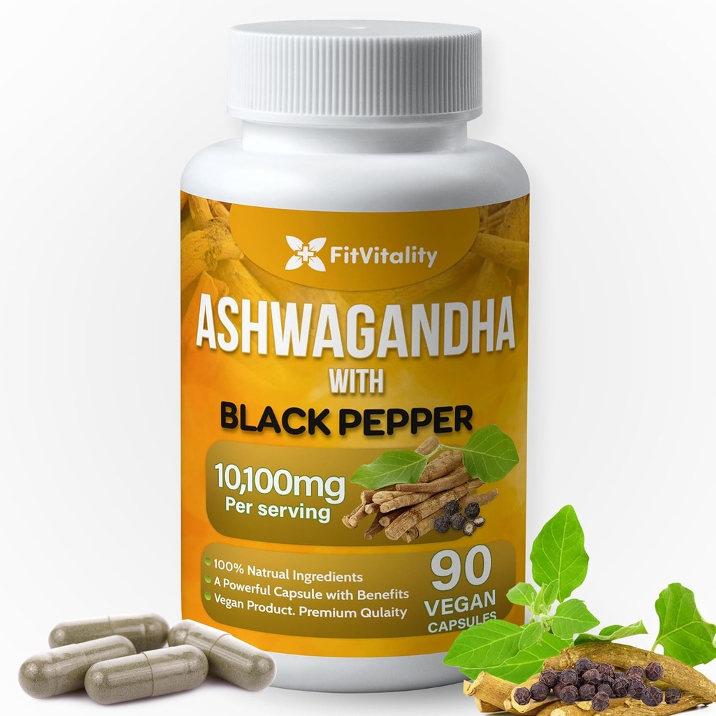 Ashwagandhaのカプセル、90のビーガンカプセル、カプセルごとの10,100のMg - 100%の自然なAshwagandhaの根のエキスの粉および黒いペッパーのエキス、非GMOのグルテンフリー