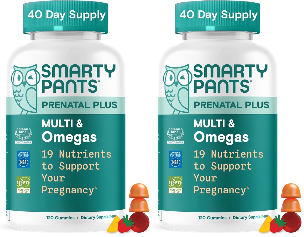 SmartyPants Prenatal Multivitamin Gummies、Omega 3 (DHA/EPA)、Methylfolate、Biotin、ビタミンD3、C、ビタミンB12、B6、A、K及び亜鉛、グルテンフリー、120カウント(40日の供給)(パッケージ2)