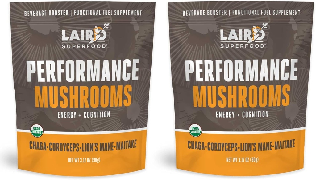 Laird Superfood オーガニック パフォーマンス キノコ ブレンド with チャガ, コーディセプ, ライオンズ マネ と Maitake エネルギーと認知のための, 3.17 oz. 袋、2のパック
