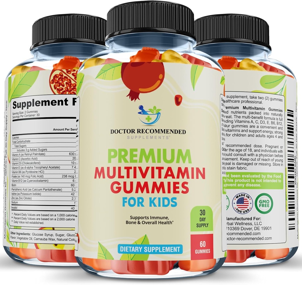 プレミアムマルチビタミンGmmies for Toddlers & Kids - Chewable Essential Daily Vitamins A、C、D3、E、B6、B12、Biotin - High-Fructose-Corn-Syrupまたは人工甘味料なし - 60 Gummies、30Day Supply