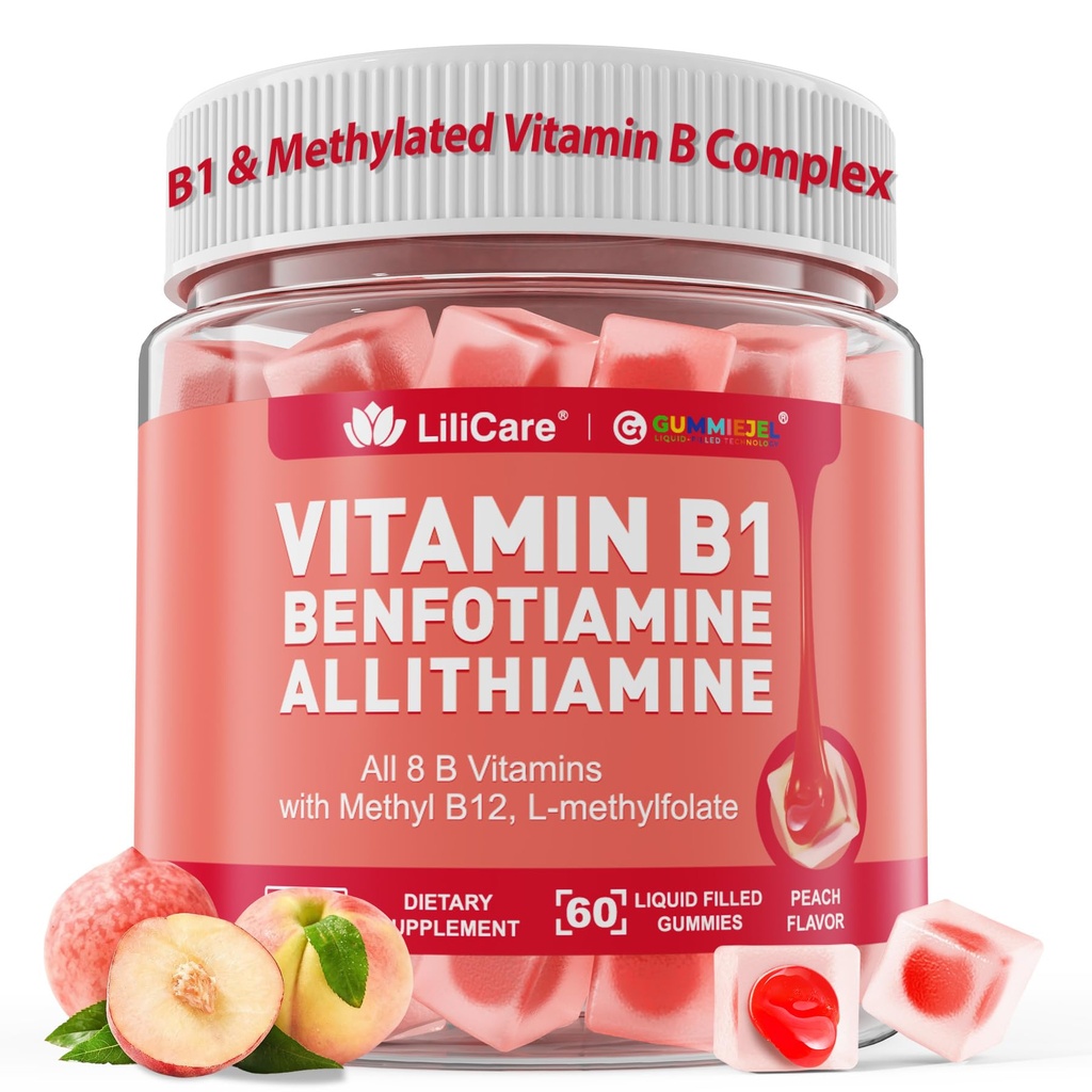 ビタミンB1&メチルビタミンBコンプレックスグミ - すべてのビタミン、Benfotiamine、Thiamine&Inositol、メチル化されたB1 B2 B6マルチビタミン、L-methylfolate、Nerve Cognition Energy、60 CtsのためのメチルB12