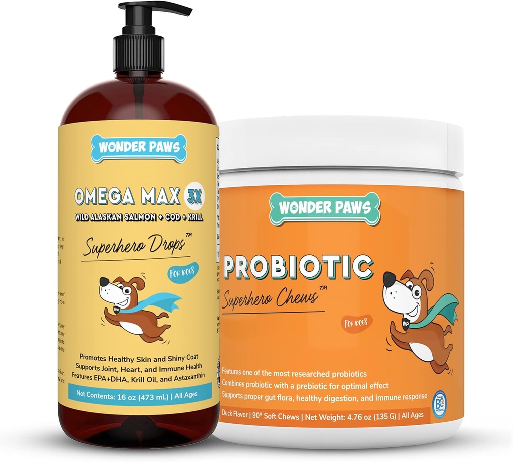 WONDER PAWS Omega Max Fish Oil Plus Probiotic Chews - 犬の関節の健康、皮膚の水分、腸の健康と毎日の健康 - Omega Max 16 Ounces - Probiotic 90 Chews