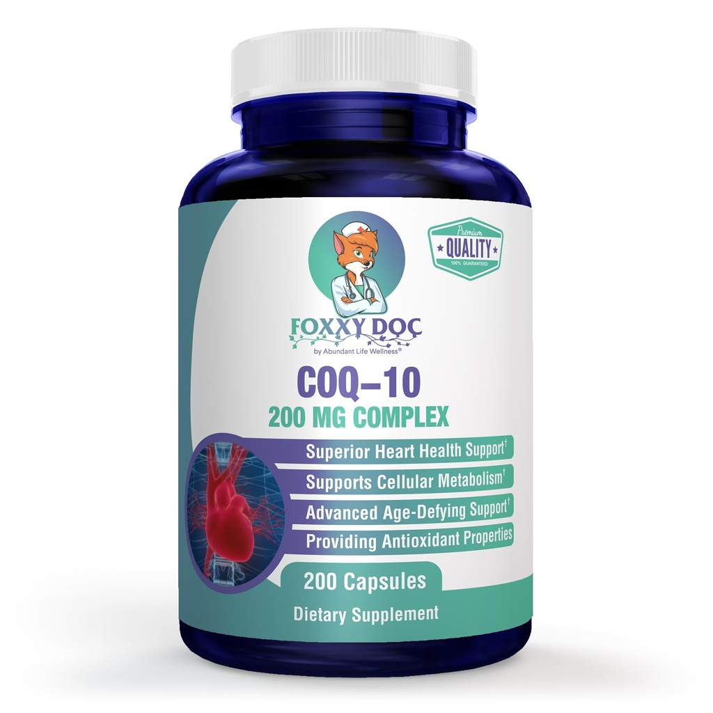 CoQ10 - Co-Enzyme Q10-200 mg - 優れた値 - 200キャップ - クイック吸収 - Veg。キャップ - 非GMO - Ubiquinone - Foxxy Docによるハート&セルラーエネルギー&脳サプリメント