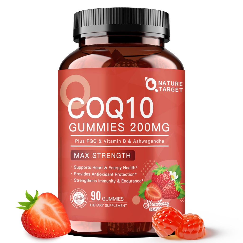 NATURE TARGET CoQ10グミー200mg - PQQ、亜鉛&アシュワガンダ、イチゴ味、90カウントで心臓、エネルギー&抗酸化剤のための高吸収コ酵素Q10サプリメント