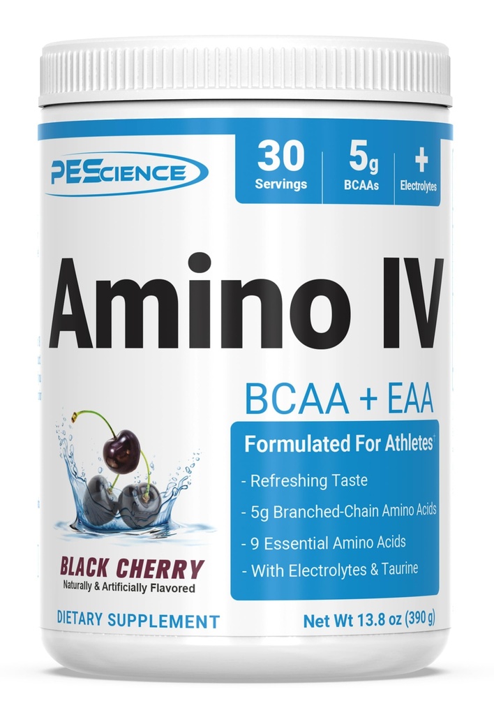 PEScience Amino IV BCAA & EAAパウダー, エッセンシャル アミノ酸, タウリン, エッセンシャル アミノ酸, 加水と筋肉の回復のための電解質, 男性と女性のための砂糖無料, ポストワークアウト - ブラックチェリー, 30 サービング