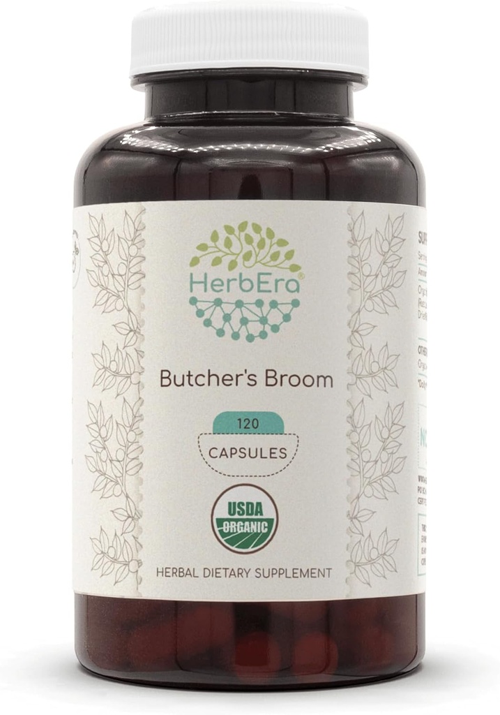 HerbEra Butcher's Broom USDA Organic 120 カプセル | 天然ハーブサプリメント | 認定オーガニック ベジタリアン カプセルとオーガニック バターのBroom (Ruscus aculeatus) ドライ ルーツ (120 カプセル)