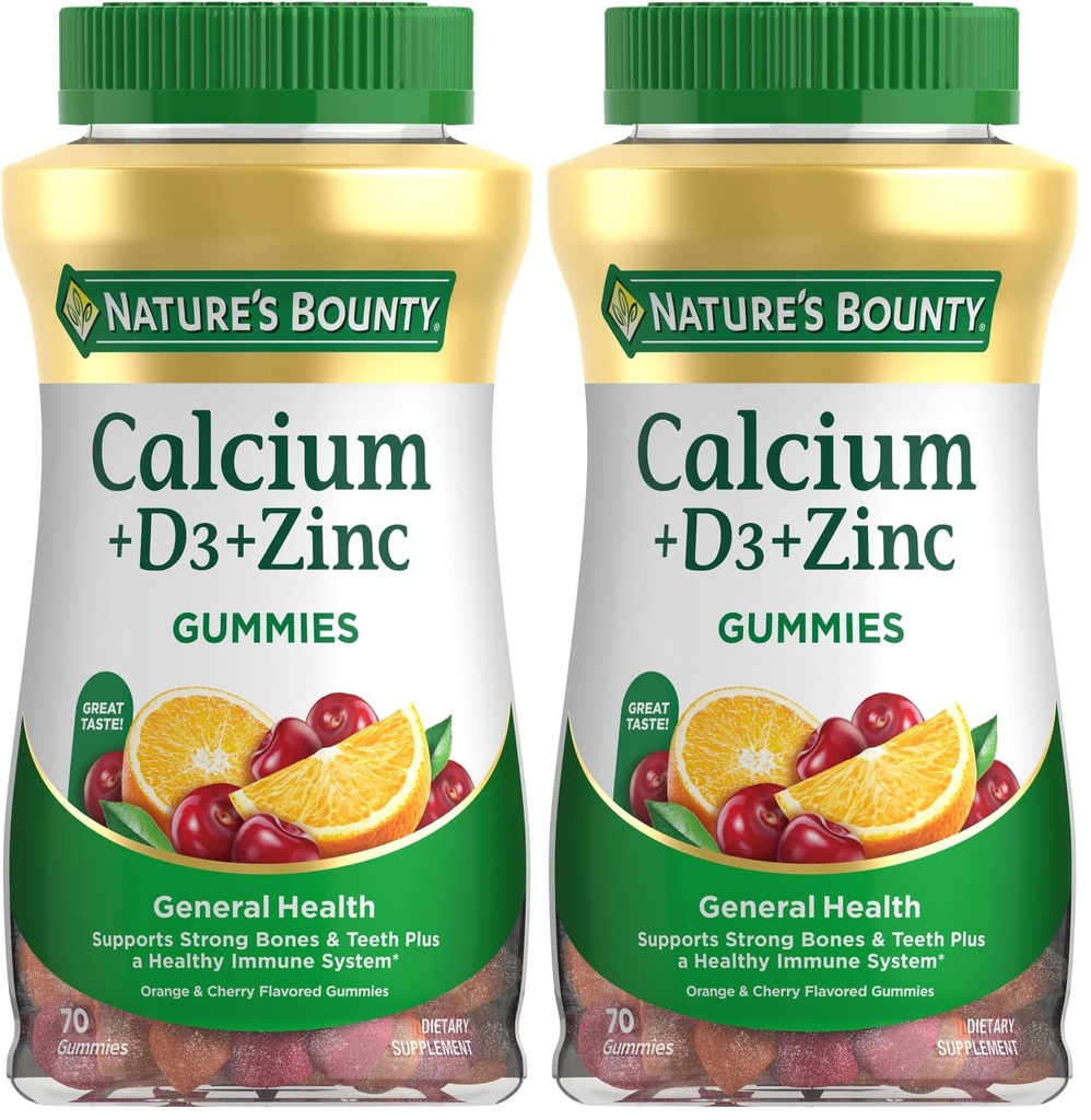 Nature's Bounty Calcium + D3 +亜鉛グミ、サポート強力なボンド&ティースプラス健康な免疫システム、500mg、オレンジとチェリーフレーバー、70グミ(パッケージ2)