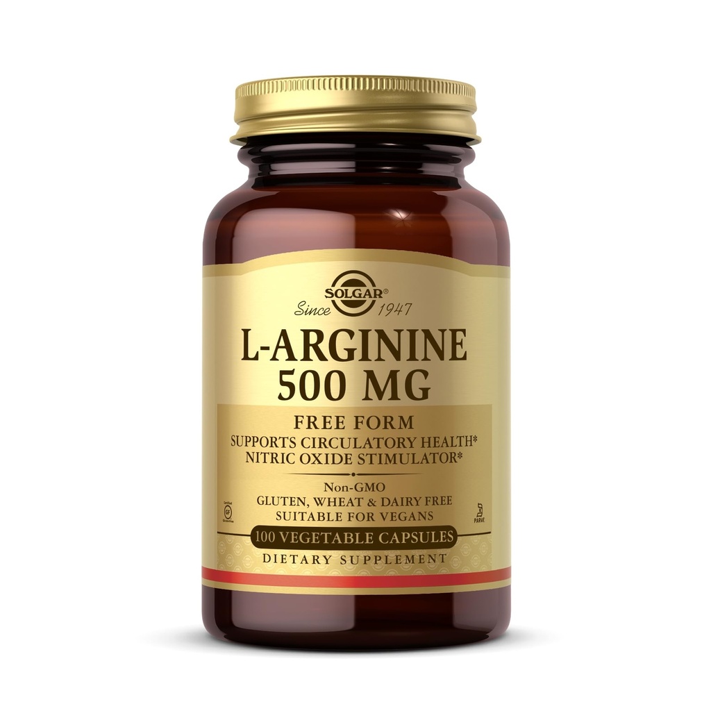 ソルガーL-アルギニン500mg - 100野菜カプセル - ニトリ酸化物刺激剤 - 非GMO、ビーガン、グルテンフリー、乳製品フリー、コーシャ - 100サービング