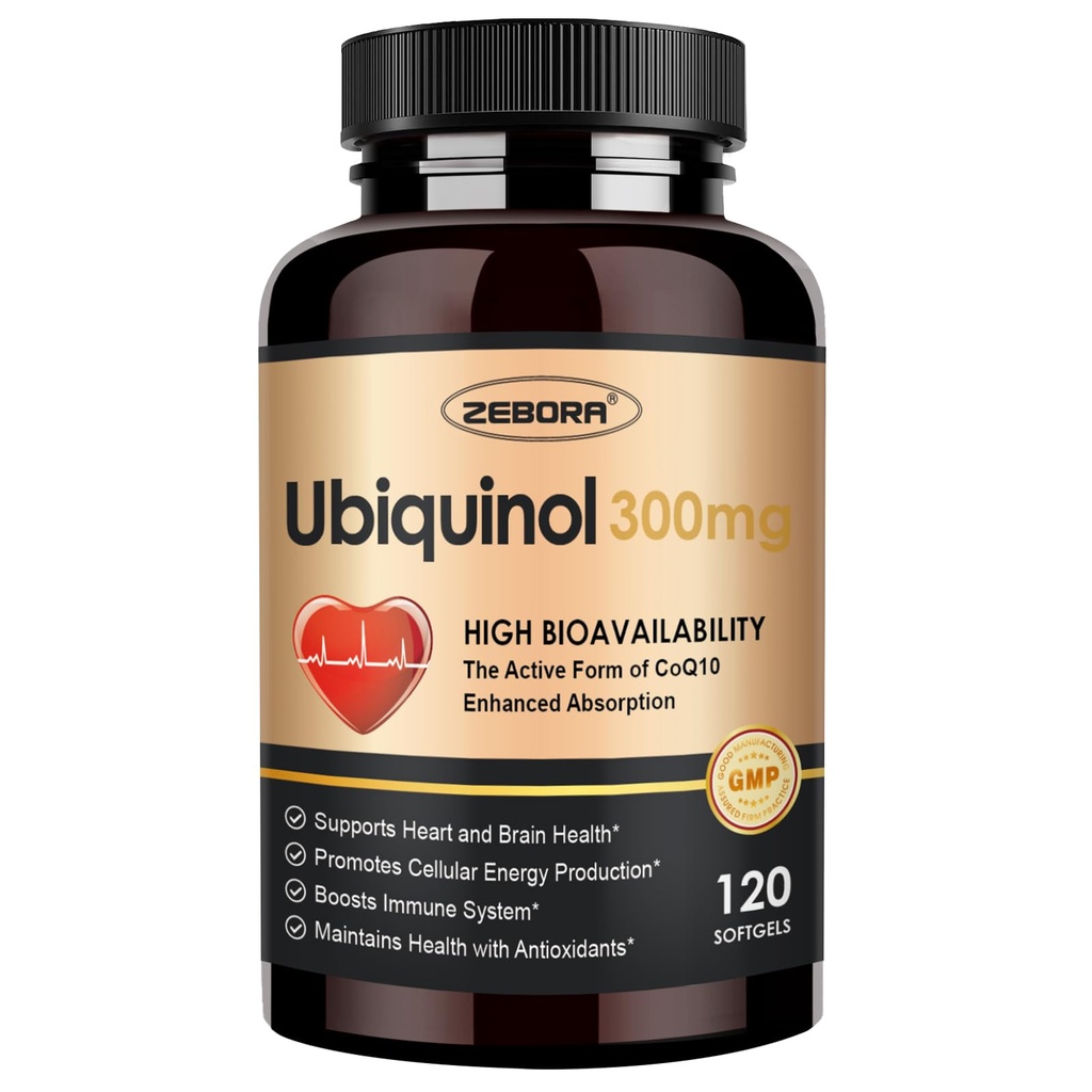 ZEBORA Ubiquinol CoQ10 300mgのSoftgels、中心および管の健康のための4-in-1強力な酸化防止剤、エネルギー生産、CoQ10の最高の吸収活動的な形態、120のSoftgelsのための必須