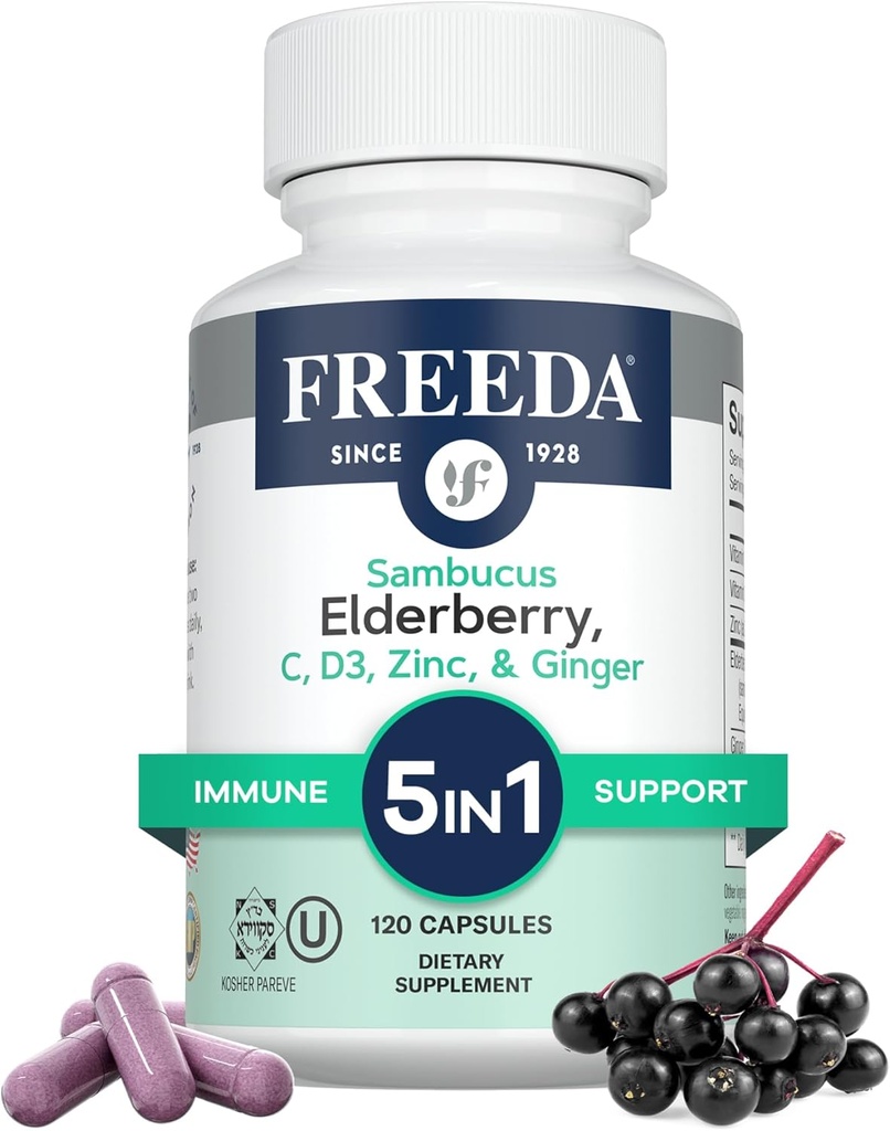 FREEDA Sambucus Elderberry with Vitamin C, Zinc, Vitamin D3 & Ginger - 5 in 1 Herbal Antioxidant Immune Support Supplement for Women & Men - Gluten Free Adult Elderberry Capsules, USA Made (120 Count)