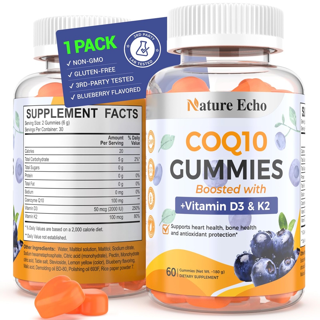 Nature Echo® CoQ10グミー100mg、CoQ10サプリメントビタミンD3&K2、Coenzyme Q10サプリメントブルーベリー風味、砂糖無料、心の健康、骨サポート&抗酸化剤、ビーガン、非GMO 60グミー