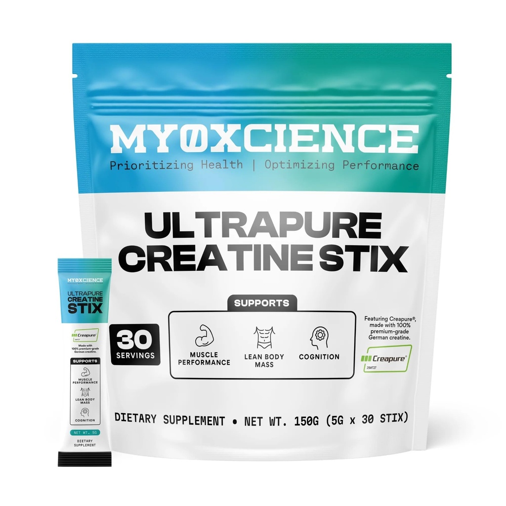 MYOXCIENCE Creapure® クレアチン・シックス | ドイツ・クレアチン・モノハイド・パー・スティック・パック | マッスル・パフォーマンス、リーン・ボディ・マス、認知度 | 30 シングル・サーブ・シックス