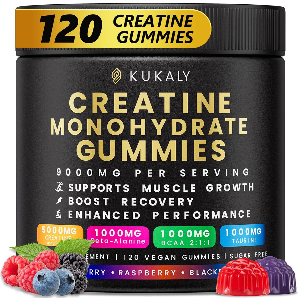 KUKALY クレアチン モノハイド マン ・ 女性のためのグミイズ, 9000MG クレアチン グミズ シュガーフリー - L-タウリンと混合風味, BCAA 2:1, ブースト強度のための B12 B6, フォーカス & 耐久性, 完全菜食主義者の, 非GMO, 120pcs
