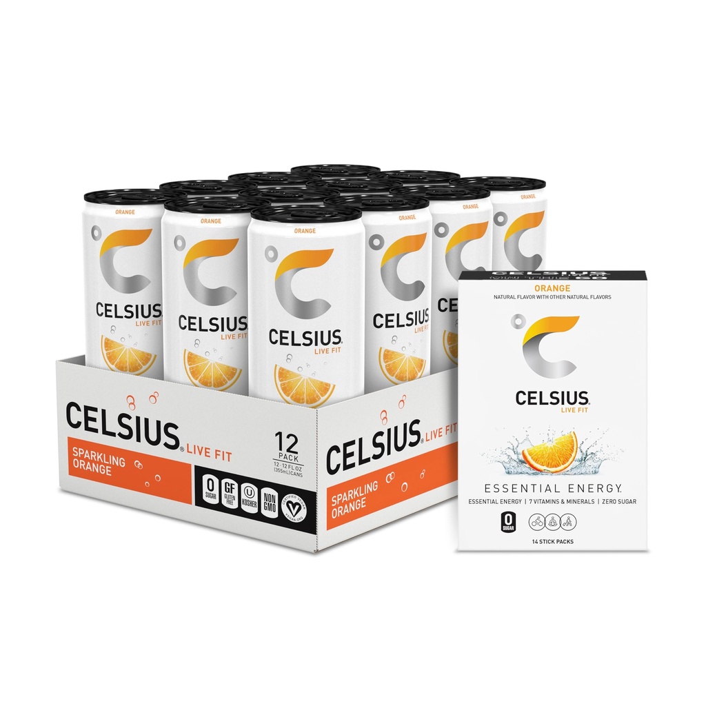 CELSIUS®ゼロシュガーエナジードリンク&パウダースティックバンドル、オレンジ