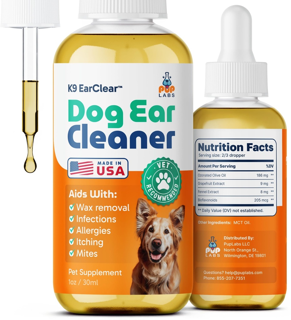 Pup Labs 耳クリア, 犬の耳のクリーナーと犬のための感染症の治療, 痛みのための犬のドロップ, 刺激, & Wax ビルドアップ, ドロッパーと 1 oz ボトル