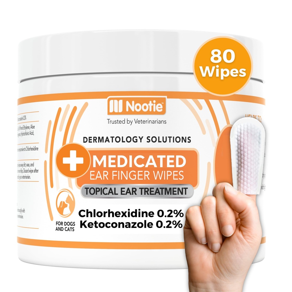 Nootie Medicated Ear Finger Wipes with Chlorhexidine for Dogs, Gentle Dog Ear clean Wipes for Itchy, Sensitive Ears - Wax, Dirt Buildup, Odor 80 Wipes - アメリカ製