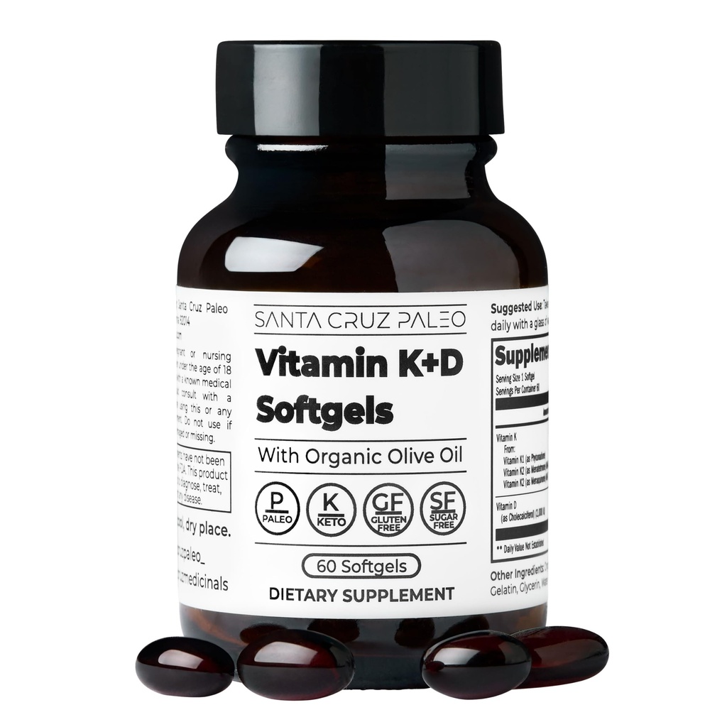サンタ・クルス・パレオ・ビタミンK2 + D3 Softgels、有機オリーブオイルと毎日の補足、ビタミンK1とK2の2つのフォームを含む、ハート&骨の健康、グルテンフリー、砂糖無料、パレオ、ケト、60カウントをサポート