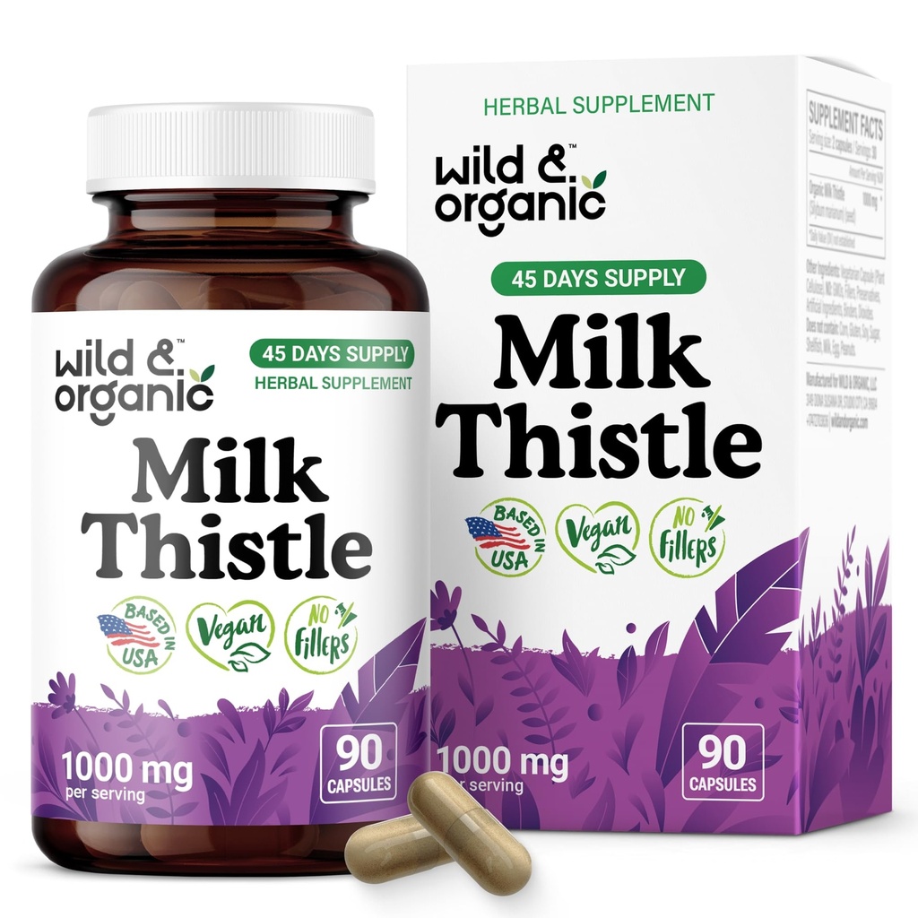 ワイルド&オーガニックミルクアザミカプセル1000mg - 肝臓デトックスサプリメント - 肝臓クレンジングのためのシリマリンミルクアザミパウダー - 90ビーガンカプセル - 45日の供給 - いいえフィラー、非GMO