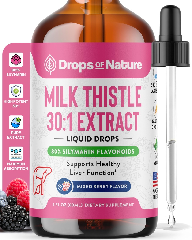 牛乳アザミは80%のシリマリンフラボノイドで落ちます – ビーガン, 非GMO, 断食 – 簡単に飲み物と混合 – 肝臓のためのミルクアザミサプリメント, 免疫ケアと抗酸化サポート (混合ベリー, 60 mL)