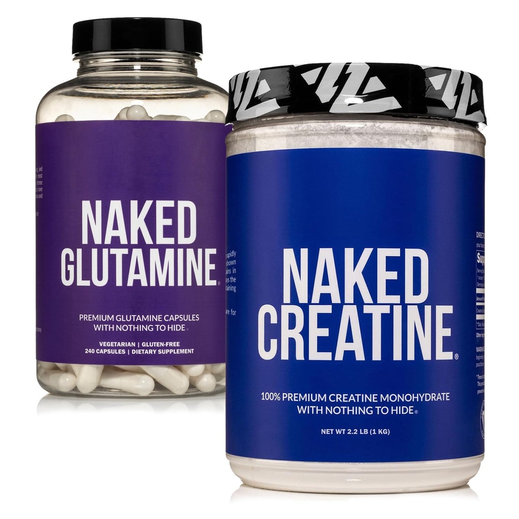 NAKEDの純粋な微粉のクレアチンの一水化物200のサービング+純粋なL-グルタミン240のカプセルの束:ビーガン、非GMOのグルテンフリー。筋肉内訳を最小にし、蛋白質の統合を改良して下さい。 人工なし