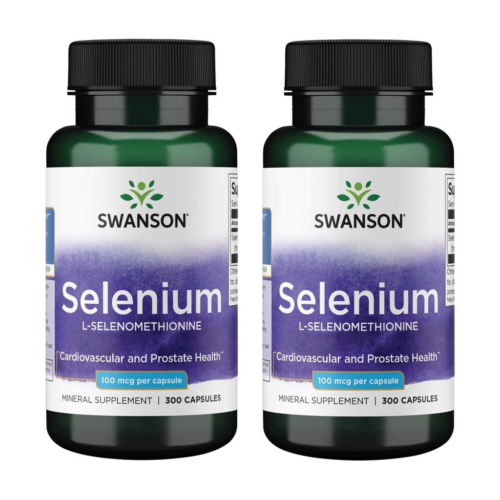 Swanson Selenium(L-Selenomethionine) - 心の健康と前立腺の健康を促進するハーブサプリメント - 免疫システムと甲状腺の健康をサポート - (300カプセル、100mcg 各) (2パック)