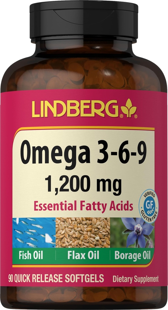 リンバーグオメガ3 6 9サプリメント | 1200mg | 90 Softgels | エッセンシャル脂肪酸 | フィッシュ、フラックス、ホウラージュオイル | 非GMO、グルテンフリー