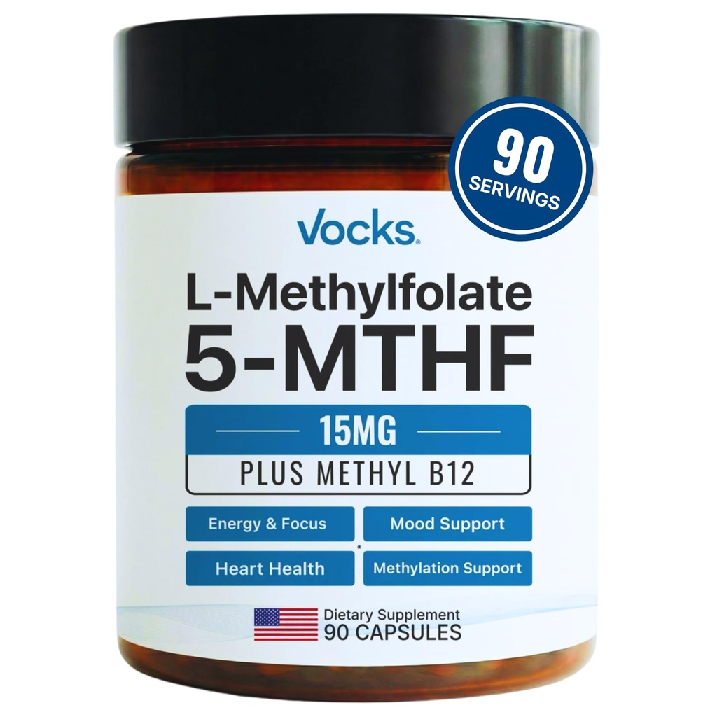 Vocks L Methylfolate 15mg 5-MTHF + メチルB12 | 高効力メチル化サプリメント | 活性メチル化葉酸ビタミンB9 | MTHFRサプリメント| 女性と男性のための葉酸サプリメント | 90カプセル