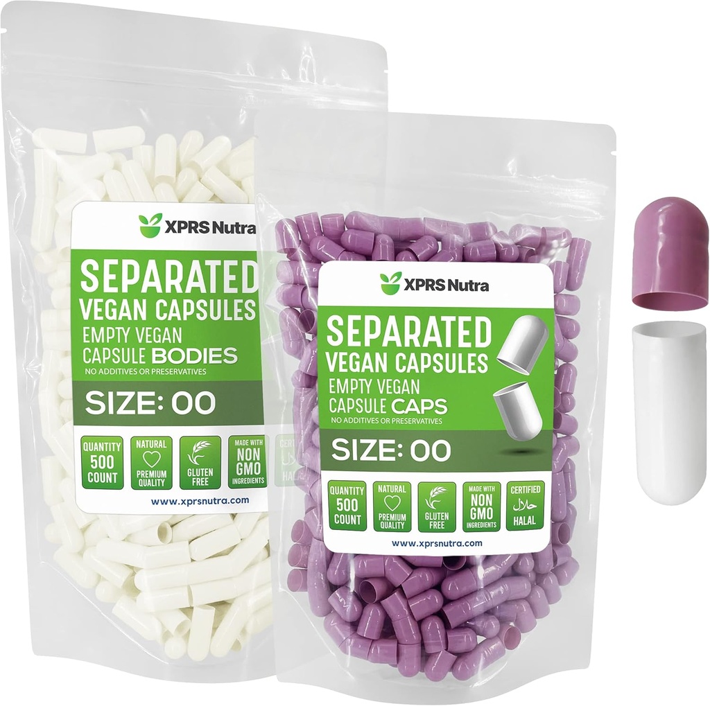 XPRS Nutraビーガンサイズ00分別カプセル - 500カウントプレミアム空のカプセルは、バッグで分離 - 00ピルはDIYサプリメント充填(ラベンダー/白)のために空