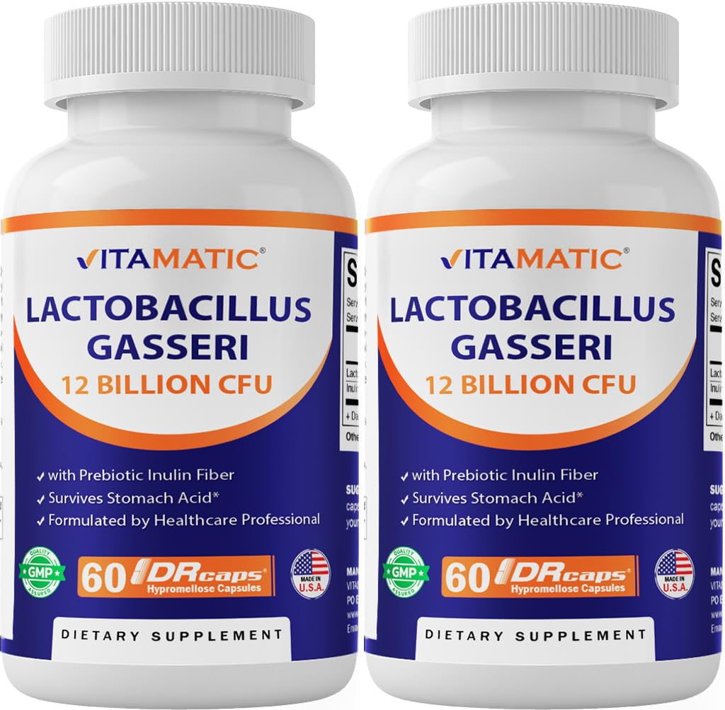 Vitamatic Lactobacillus Gasseri - DRカプセルあたり12億 - 60カウント - 消化器系サポート - プレバイオティックインリンファイバー製 - 2パック