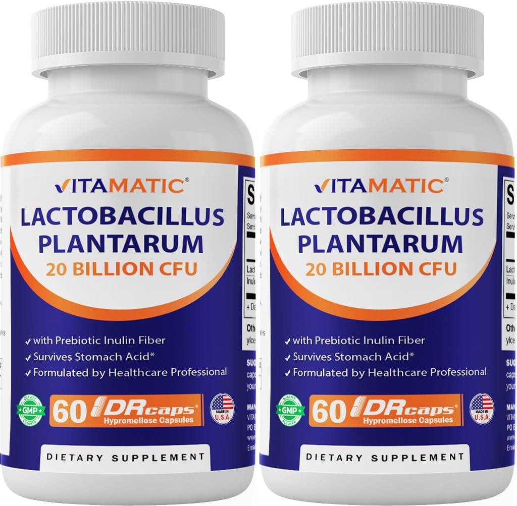 Vitamatic Lactobacillus Plantarum - DRカプセルあたり20億 - 60カウント - 消化器系サポート - プレバイオティックインリンファイバー-2パックで作られた