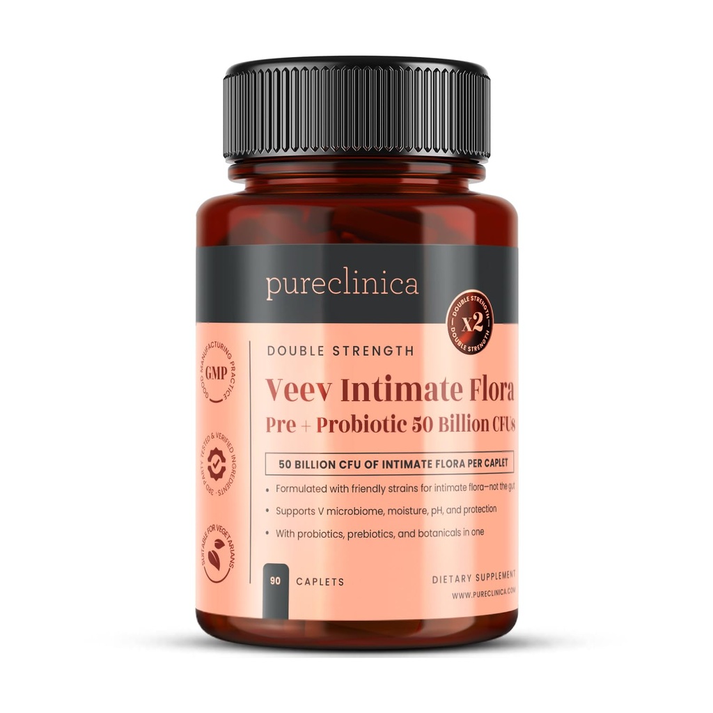 Pureclinica Veev Intimate Flora - 腟及びグアットのMicrobiomeサポート– 50 Billion CFU - Probiotics、Prebiotics、クランベリー、D-Mannose、Hyaluronic酸– 90のカプレット– 3か月の供給