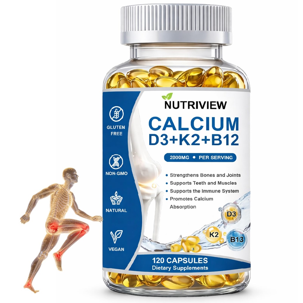 Nutriview 2000mg D3 K2 B12 Softgels Calcium, Suplemento de Calcio, Bones and Teethを強化, ブーストエネルギー, 非GMO, 120 Softgels