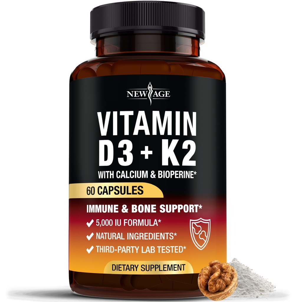 ビタミンD3 5,000 IU + K2 MK-7 100 mcg - 2-in-1 Bone、免疫&ハートサポート、飲みやすい、非GMO - 60カプセル