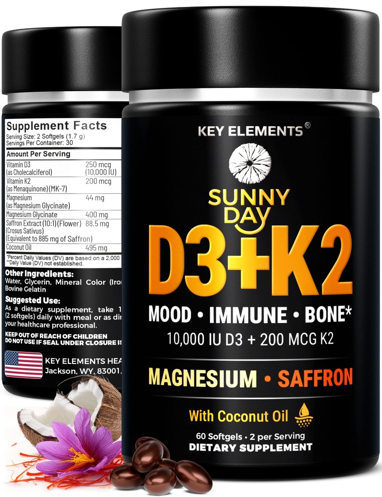 マグネシウムのGlycinate 400mg及びSaffron 88.5mgのキーの沈殿物のビタミンD3 K2 10,000 IU -気分、免疫、骨の健康-ビタミンDおよびK (MK-7) 200mcg -非GMO、女性及び人のためのグルテンフリーのSoftgels