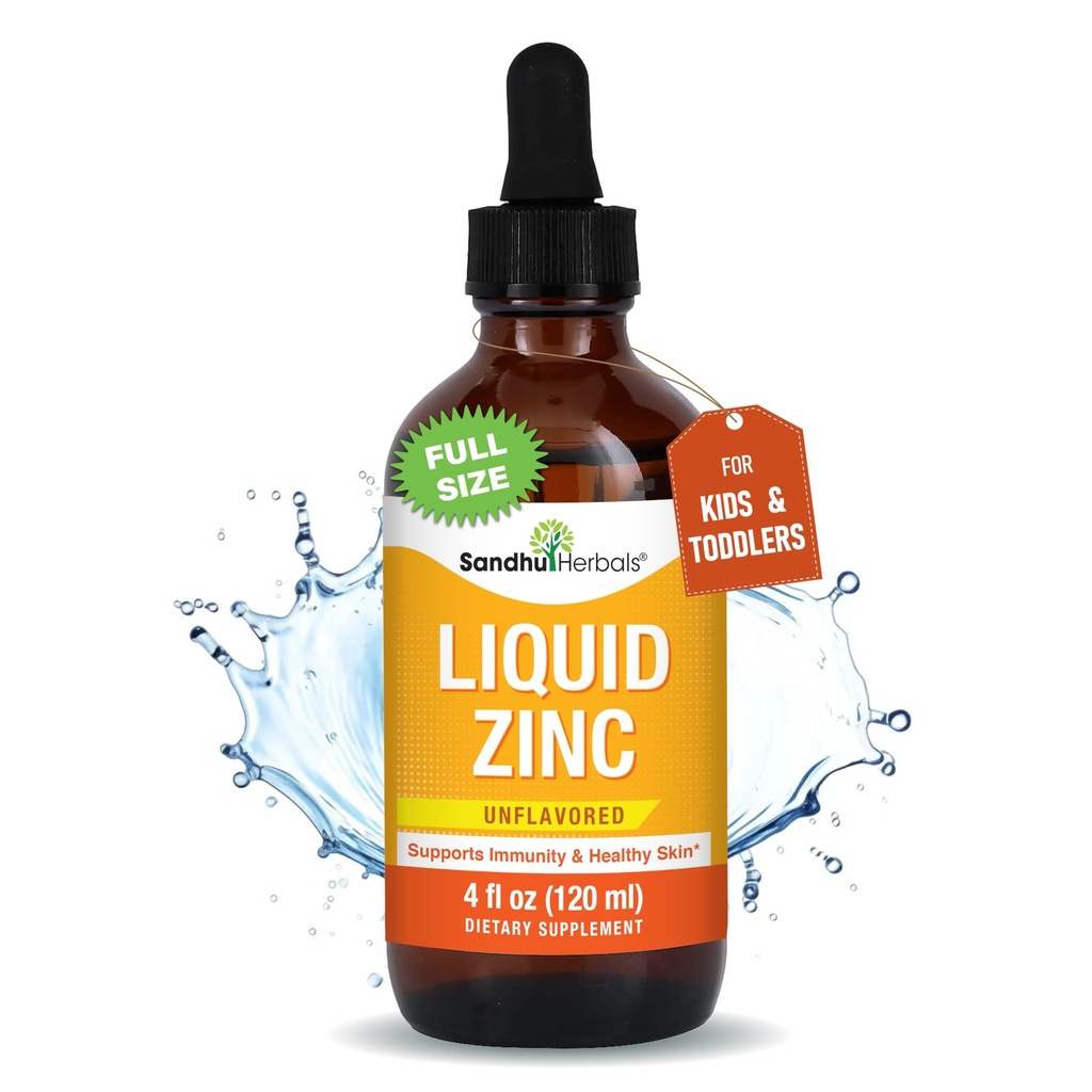 SANDHUHERBALS 子供のための液体亜鉛、トドル、ベイビー | 4 Fl Oz 大型ガラスボトル | イオン亜鉛サプリメント硫酸塩ドロップ | 免疫サポート | 取ること容易な水溶性 | 不燃性