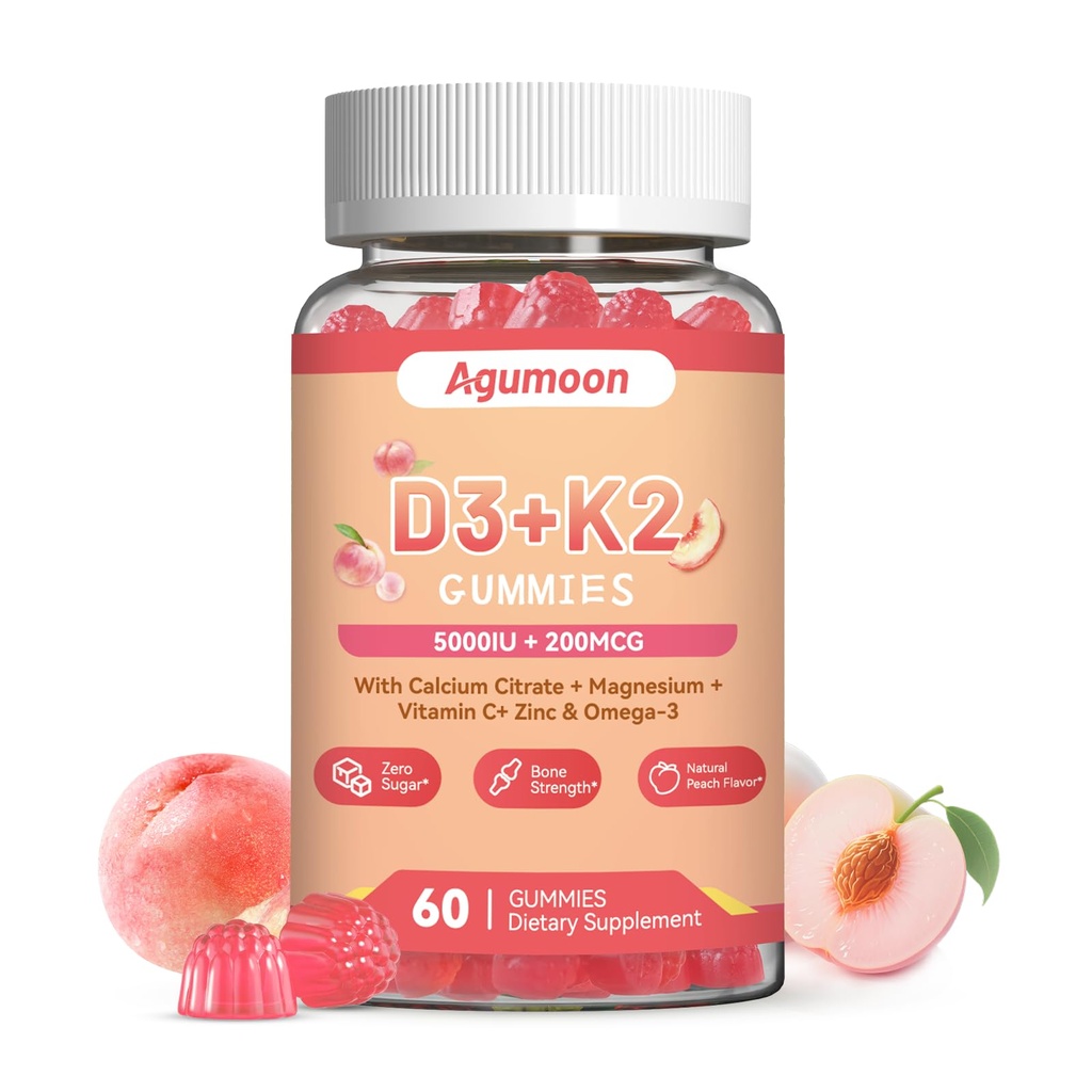 大人のためのビタミンD3 K2のグミー - ビタミンD3 5000IU + K2 (MK-7) 200mcg、カルシウムクエン酸塩、マグネシウムのクエン酸塩、骨のためのオメガ3、筋肉、歯の免疫 - 60のグミー