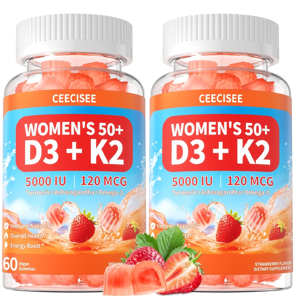 女性のためのビタミンD3 K2のグミーの補足 50+: 有機性ビタミンD3 5000 IU + K2 (MK-7) 500mg Omega-3、400mgのカルシウム、免疫の健康のためのCoQ10 - 大人の余分強さ(120Count)