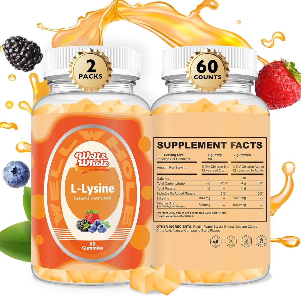 L-リジンガミー1000mg - 子供と大人のためのL-リジンサプリメント - 女性のためのリップとコールドソア*サポート - ビタミンB12のChewableリジンガミー - ビーガン、非GMO、グルテンフリー、120カウント