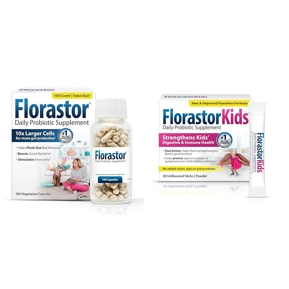 Florastor Family Probiotic Bundle - 100 ct. Probiotic for Digestive & Immune Health for Men & Women + 20 ct. Kids Daily Probiotic, Unflavored Powder Sticks - Boost Good Bacteria & Flush Out The Bad